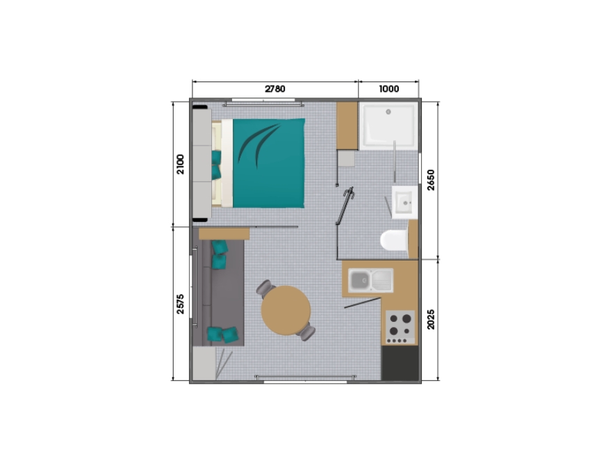 Floor plan of the mobile home for 2-4 people